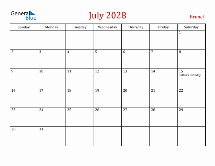 Brunei July 2028 Calendar - Sunday Start