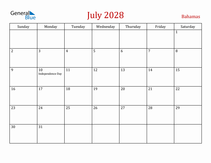 Bahamas July 2028 Calendar - Sunday Start