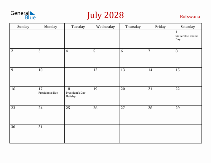 Botswana July 2028 Calendar - Sunday Start