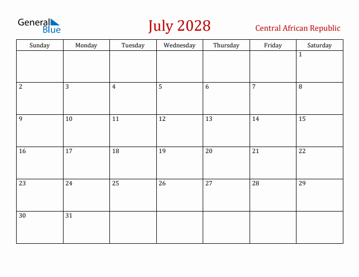 Central African Republic July 2028 Calendar - Sunday Start