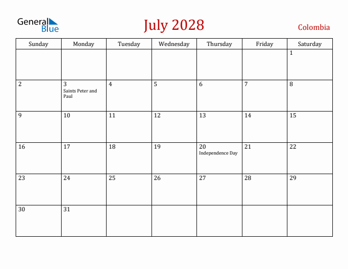 Colombia July 2028 Calendar - Sunday Start