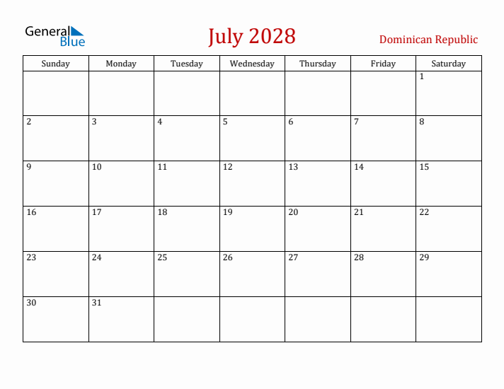 Dominican Republic July 2028 Calendar - Sunday Start