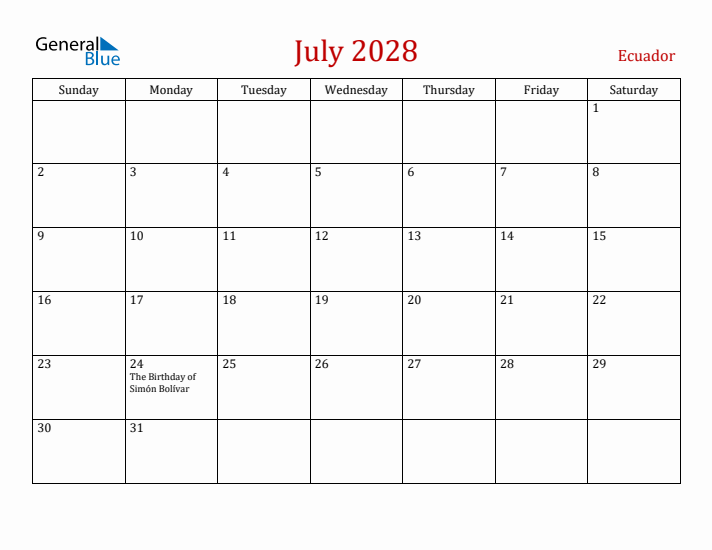 Ecuador July 2028 Calendar - Sunday Start