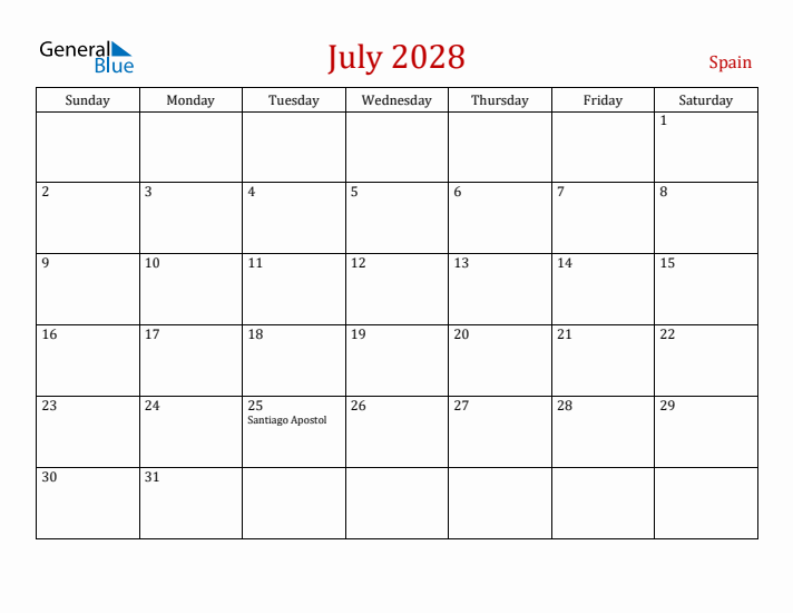 Spain July 2028 Calendar - Sunday Start