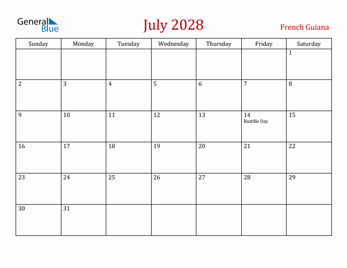 French Guiana July 2028 Calendar - Sunday Start