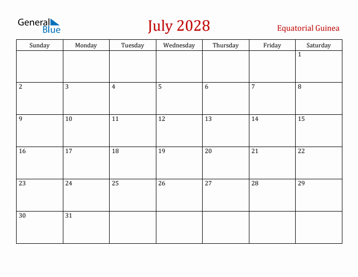Equatorial Guinea July 2028 Calendar - Sunday Start