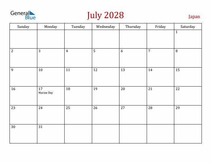 Japan July 2028 Calendar - Sunday Start
