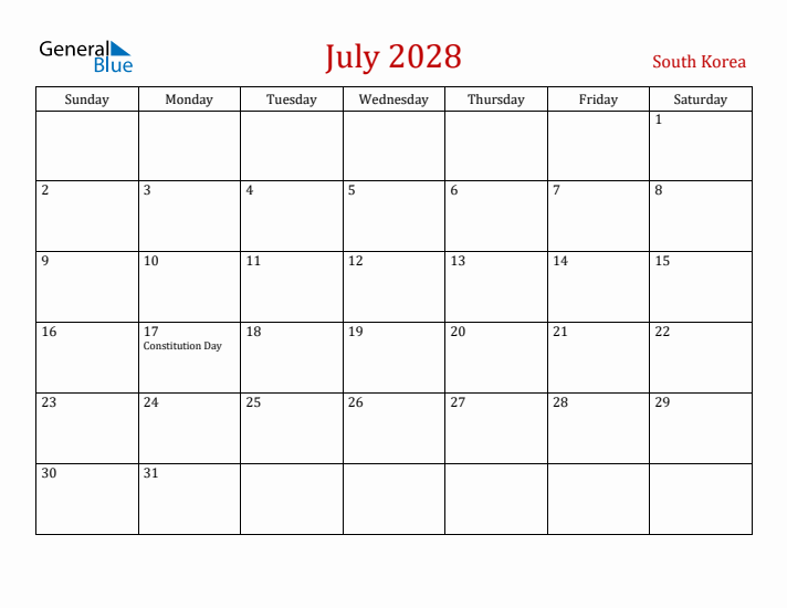South Korea July 2028 Calendar - Sunday Start