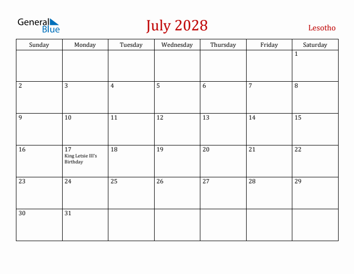 Lesotho July 2028 Calendar - Sunday Start