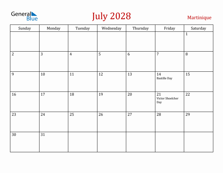 Martinique July 2028 Calendar - Sunday Start