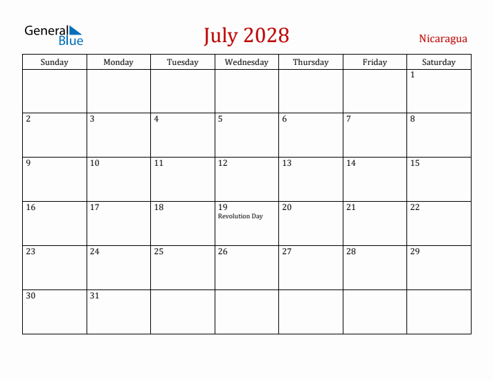 Nicaragua July 2028 Calendar - Sunday Start
