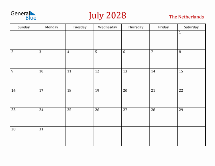 The Netherlands July 2028 Calendar - Sunday Start