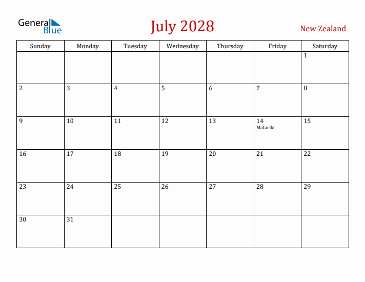 New Zealand July 2028 Calendar - Sunday Start