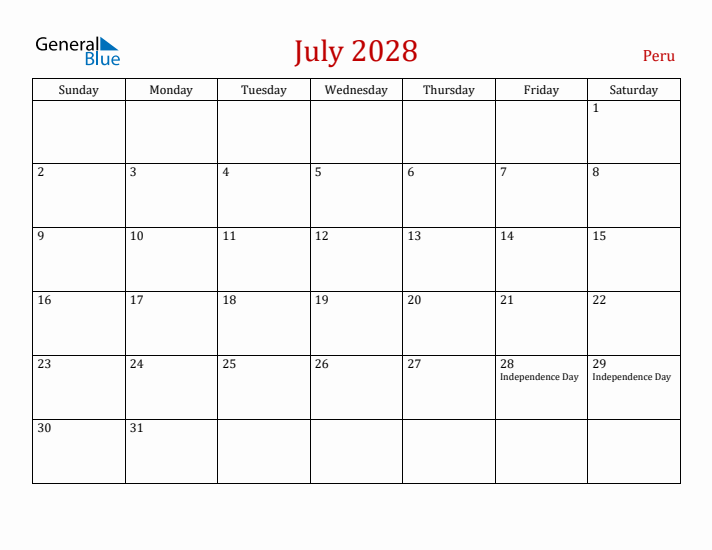 Peru July 2028 Calendar - Sunday Start