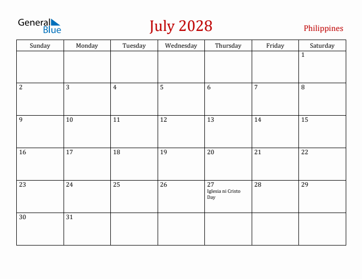 Philippines July 2028 Calendar - Sunday Start
