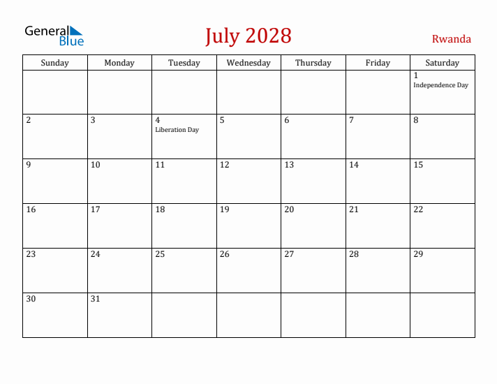 Rwanda July 2028 Calendar - Sunday Start