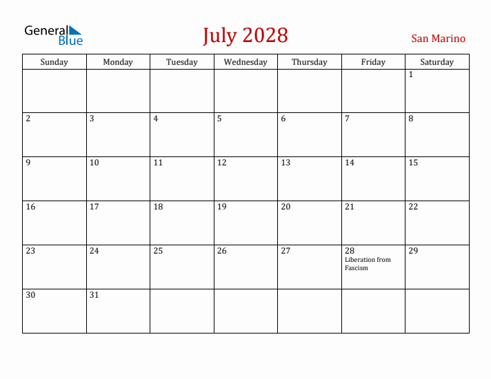 San Marino July 2028 Calendar - Sunday Start