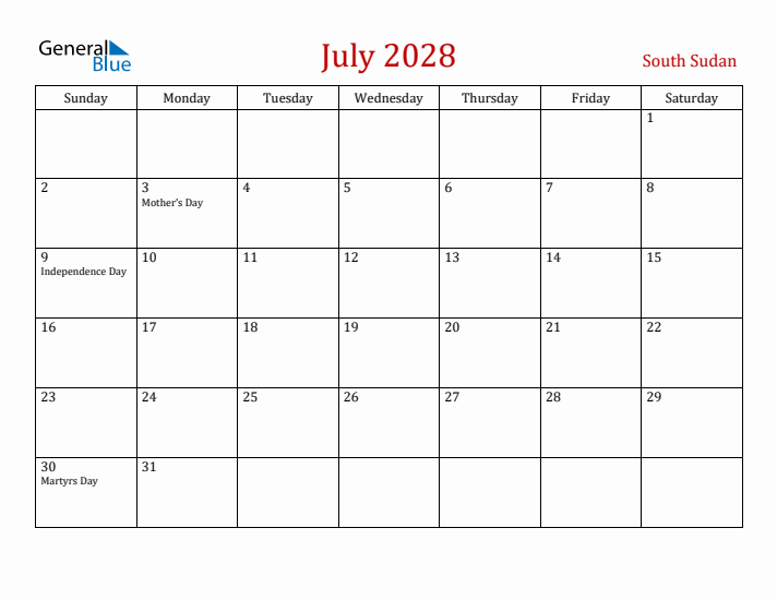 South Sudan July 2028 Calendar - Sunday Start