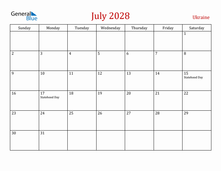 Ukraine July 2028 Calendar - Sunday Start