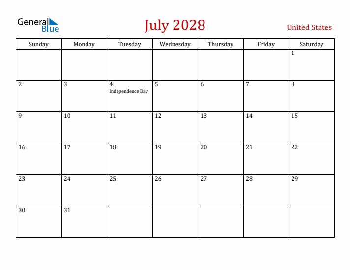 United States July 2028 Calendar - Sunday Start