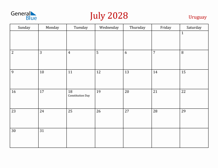 Uruguay July 2028 Calendar - Sunday Start