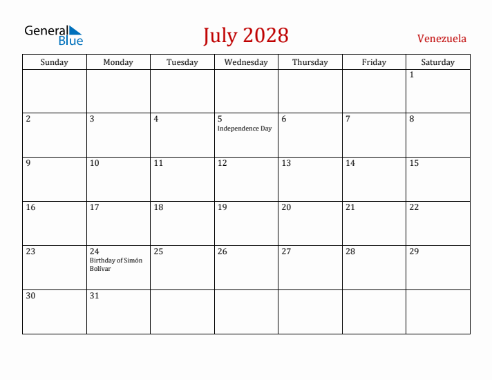 Venezuela July 2028 Calendar - Sunday Start