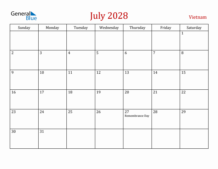 Vietnam July 2028 Calendar - Sunday Start