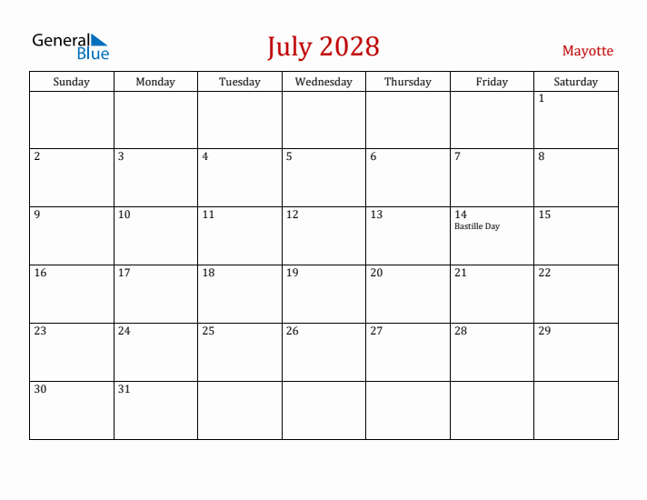 Mayotte July 2028 Calendar - Sunday Start