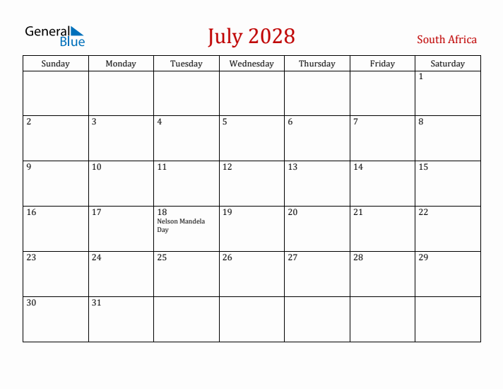 South Africa July 2028 Calendar - Sunday Start