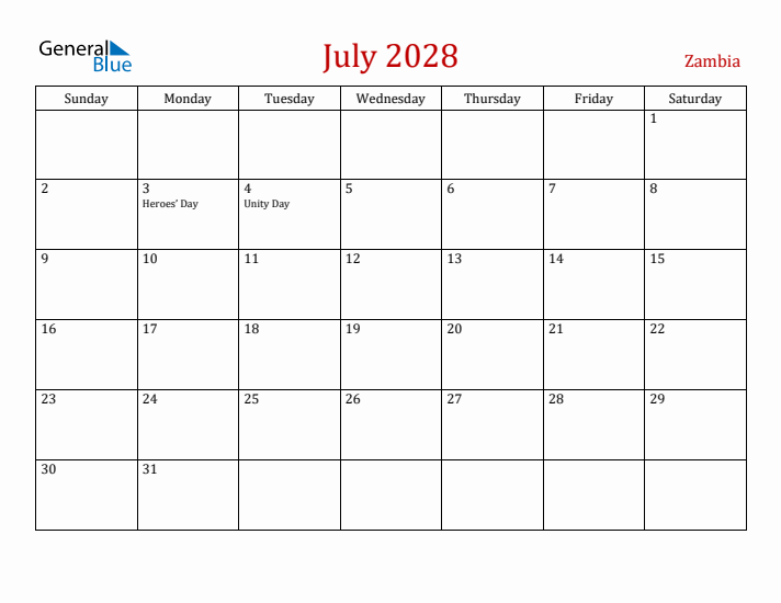 Zambia July 2028 Calendar - Sunday Start