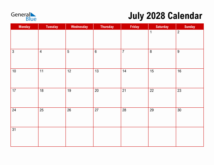 Simple Monthly Calendar - July 2028