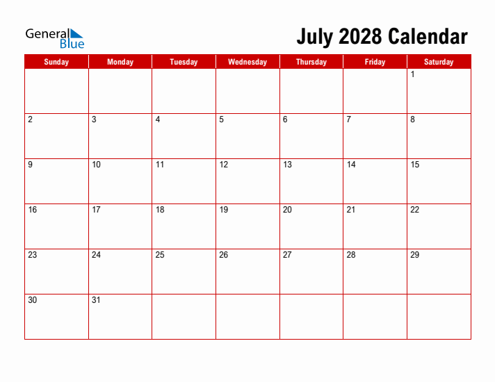 Simple Monthly Calendar - July 2028