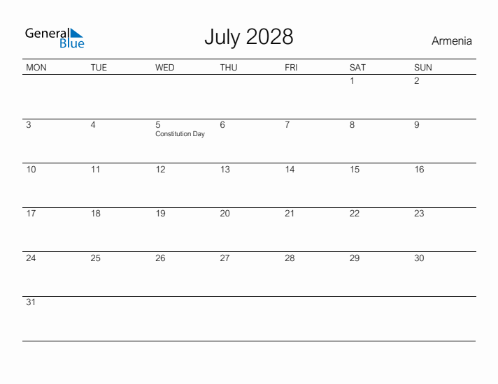 Printable July 2028 Calendar for Armenia