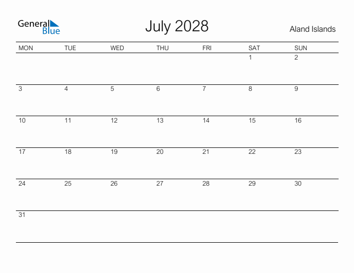 Printable July 2028 Calendar for Aland Islands