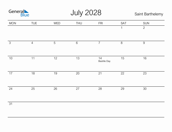 Printable July 2028 Calendar for Saint Barthelemy