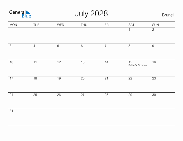 Printable July 2028 Calendar for Brunei