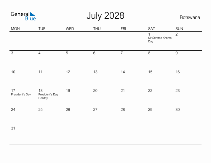 Printable July 2028 Calendar for Botswana