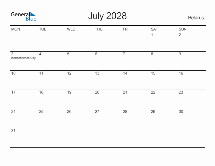 Printable July 2028 Calendar for Belarus