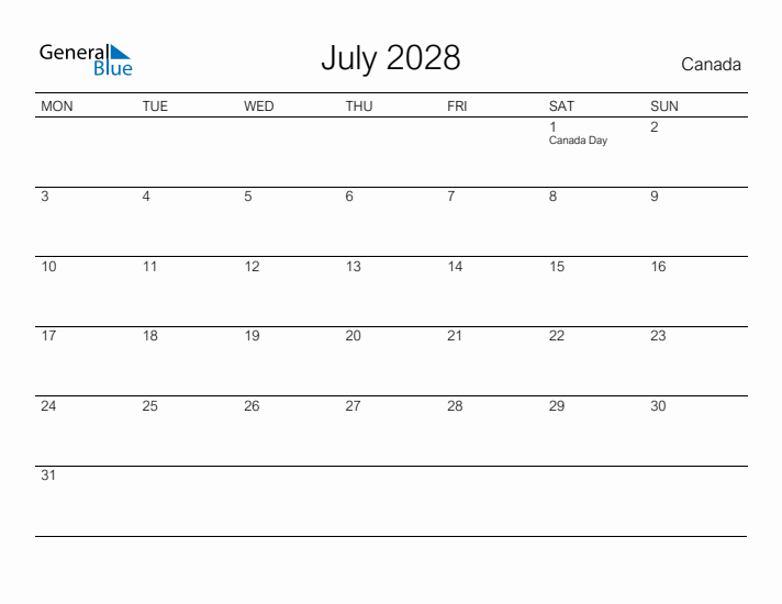 Printable July 2028 Calendar for Canada