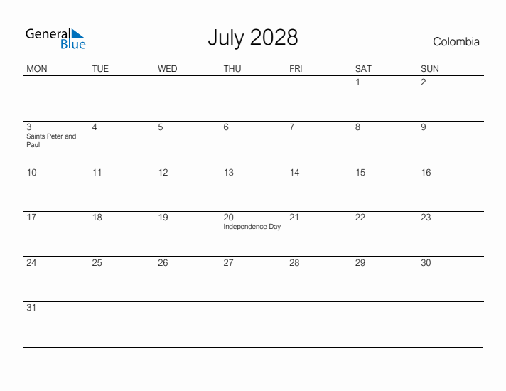 Printable July 2028 Calendar for Colombia