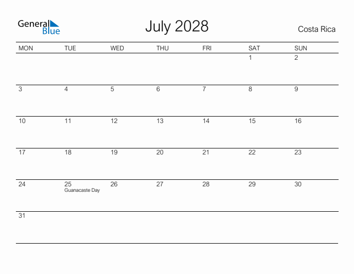 Printable July 2028 Calendar for Costa Rica