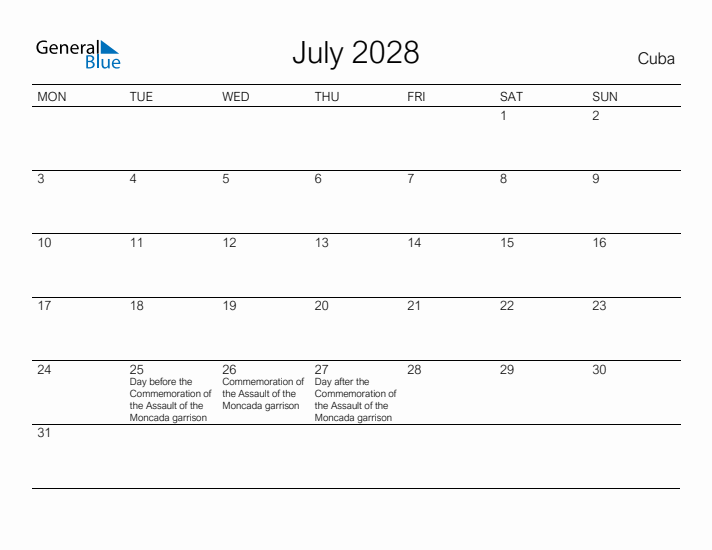Printable July 2028 Calendar for Cuba