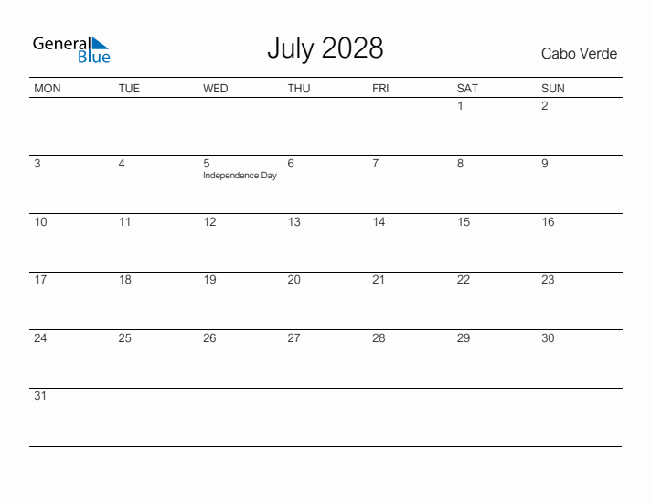 Printable July 2028 Calendar for Cabo Verde