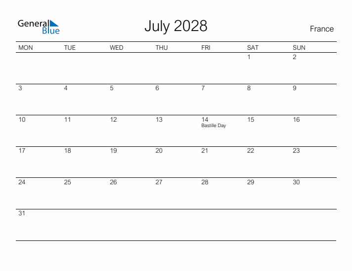 Printable July 2028 Calendar for France