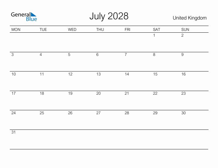 Printable July 2028 Calendar for United Kingdom