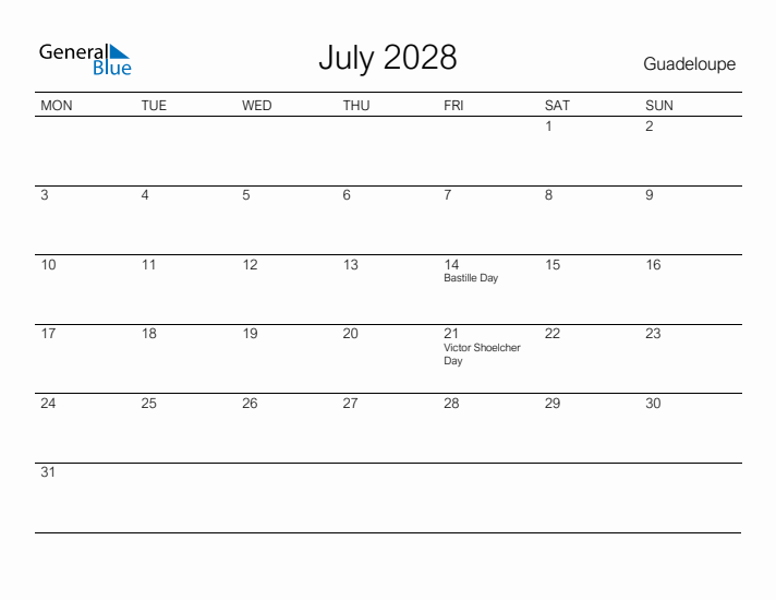 Printable July 2028 Calendar for Guadeloupe