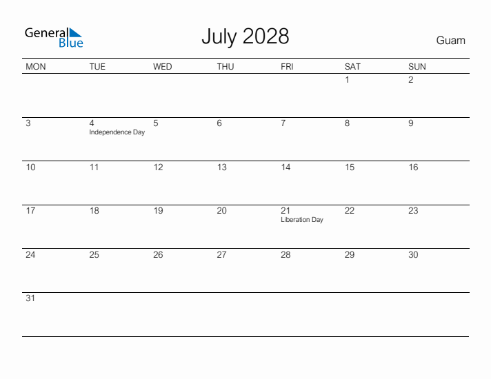 Printable July 2028 Calendar for Guam