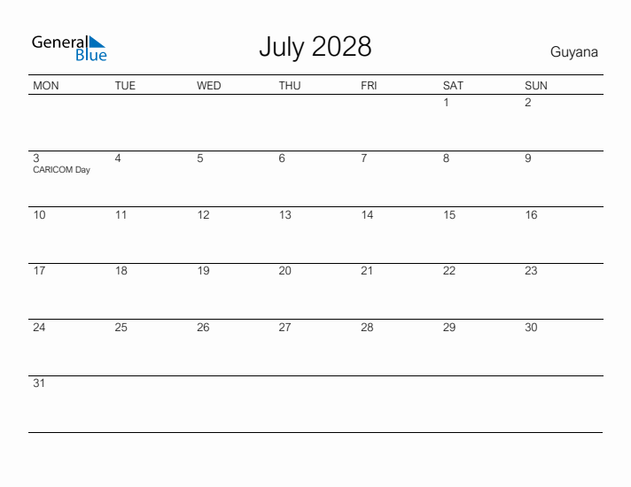 Printable July 2028 Calendar for Guyana