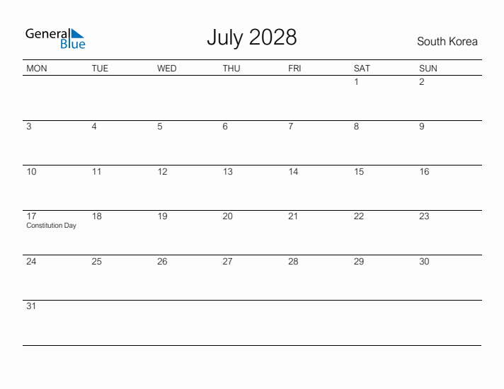 Printable July 2028 Calendar for South Korea
