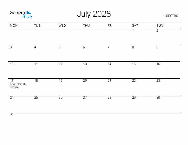 Printable July 2028 Calendar for Lesotho